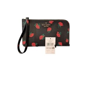 NWT New York Kate SPADE ♠️ Lucy Medium L-zip Wristlet black multi-rose pattern